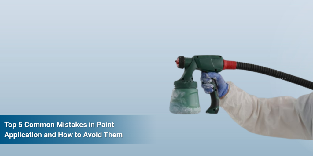 A gloved hand holds a paint spray gun with a clear paint container attached. Text overlay reads Top 5 Common Mistakes in Paint Applications and How to Avoid Them