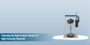 An image showing an industrial machine used for dispensing sealant or high-viscosity materials, with the text overlay: "Choosing the Right Sealant System or High-Viscosity Materials ELE."