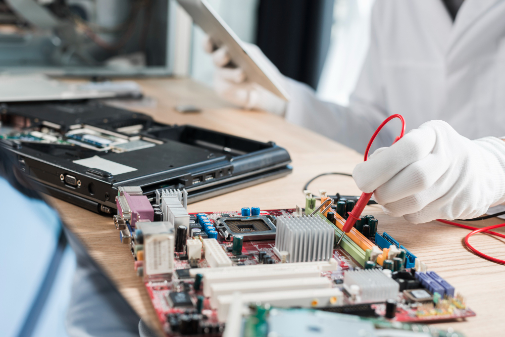 Technician using multimeter probe to test circuit board components
