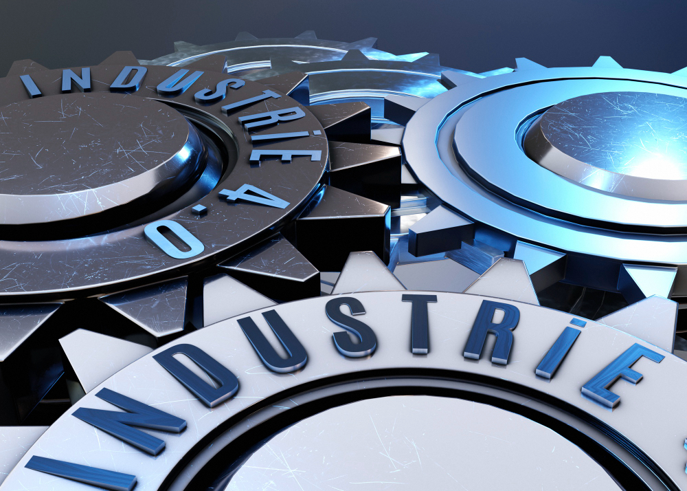 3D industrial graphic with interlocking gears and INDUSTRY text