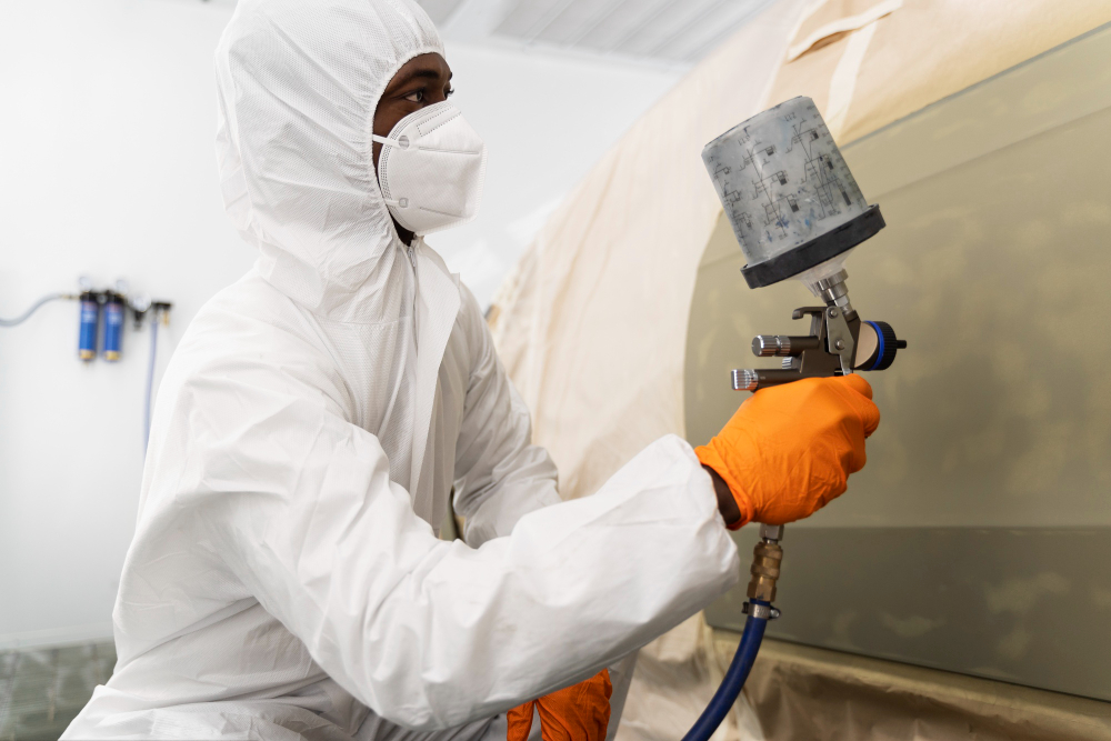 Worker in white protective suit operating spray gun equipment