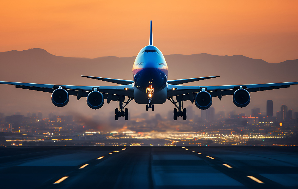 Commercial aircraft landing at sunset with runway lights