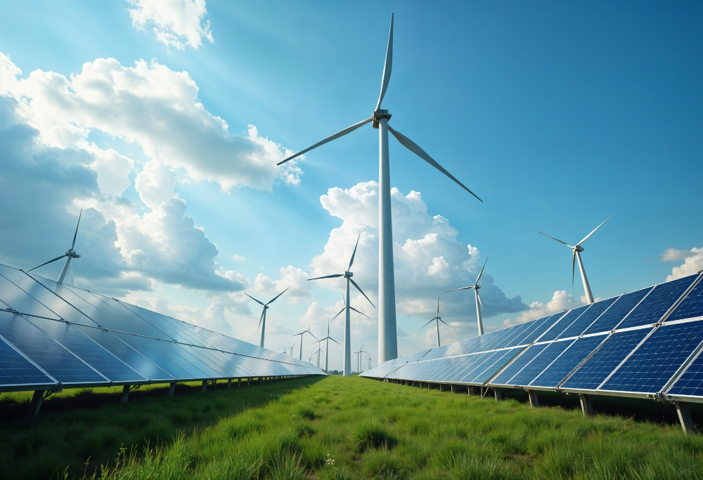 Wind turbines and solar panels in renewable energy farm