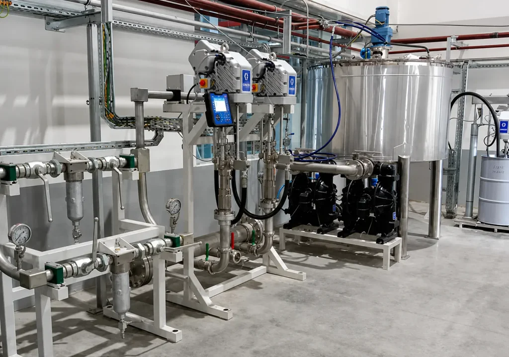 Industrial tanks and equipment with blue control devices in manufacturing facility