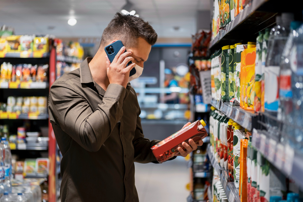 Shopper comparing packaged products in a supermarket aisle, representing FMCG and consumer durables manufacturing