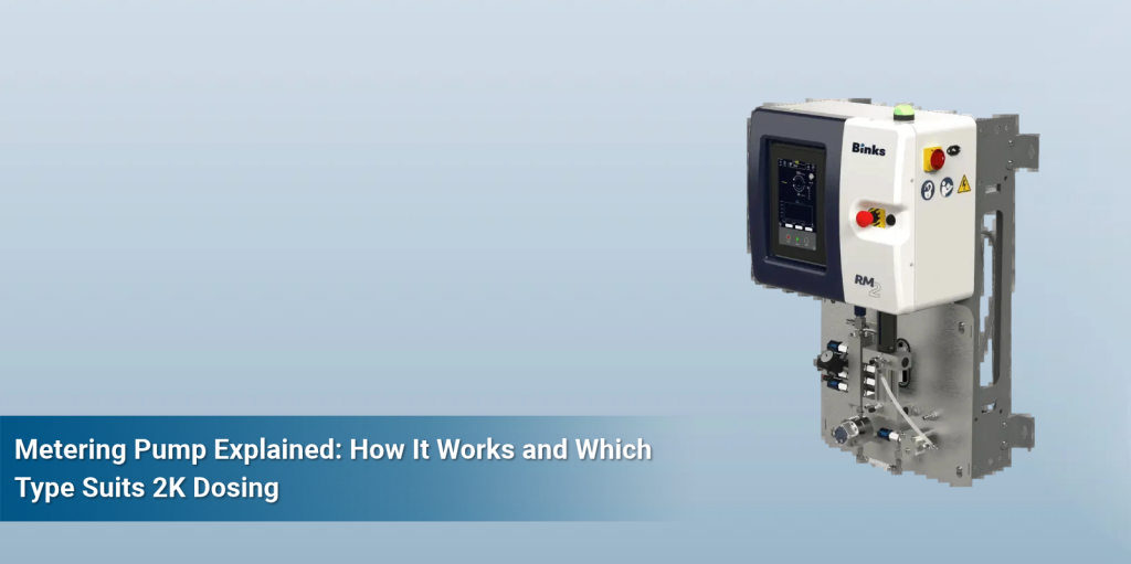 Binks metering pump with control panel for accurate 2K dosing, shown on the blog banner explaining how a metering pump works