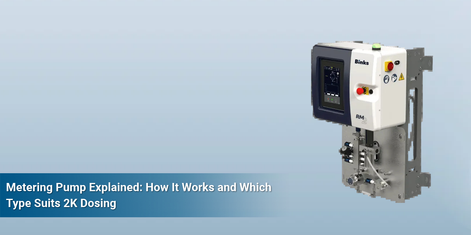 Binks metering pump with control panel for accurate 2K dosing, shown on the blog banner explaining how a metering pump works