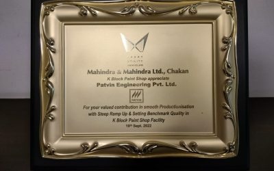 Award from mahindra and mahindra to patvin for valued contribution in smooth productionisation with steep ramp up and setting benchmark quality in K block paint shop facility